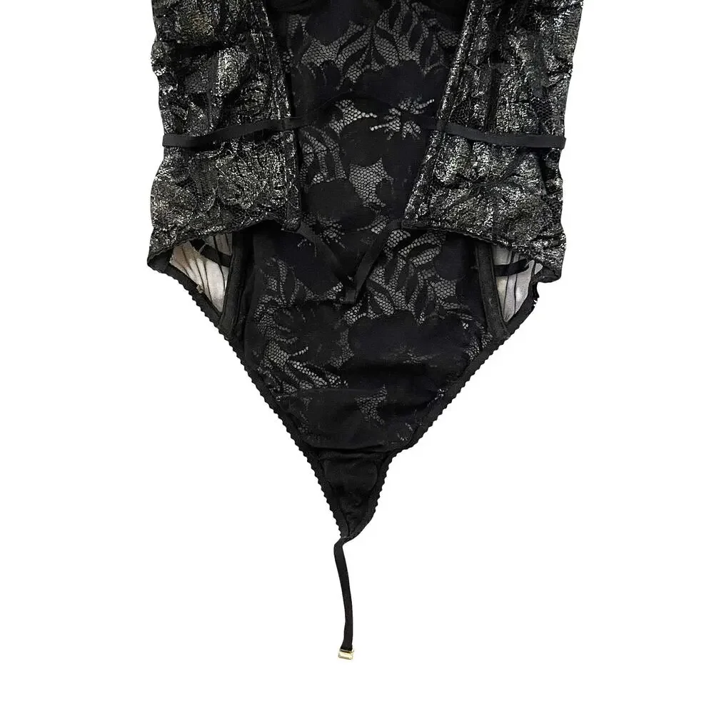 Victoria's Secret Black Metallic Floral Cut Out Teddy - Black - Size 34C